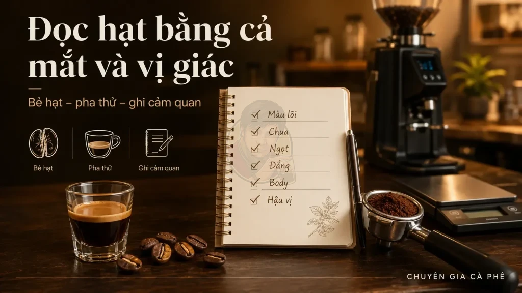 Kiểm tra hạt cà phê phát triển không đều bằng cách bẻ hạt và test espresso trong quán.