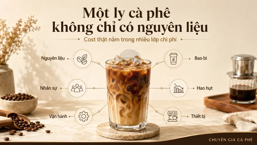 Infographic cost quán cà phê gồm nguyên liệu, bao bì, nhân sự, hao hụt, vận hành và thiết bị.