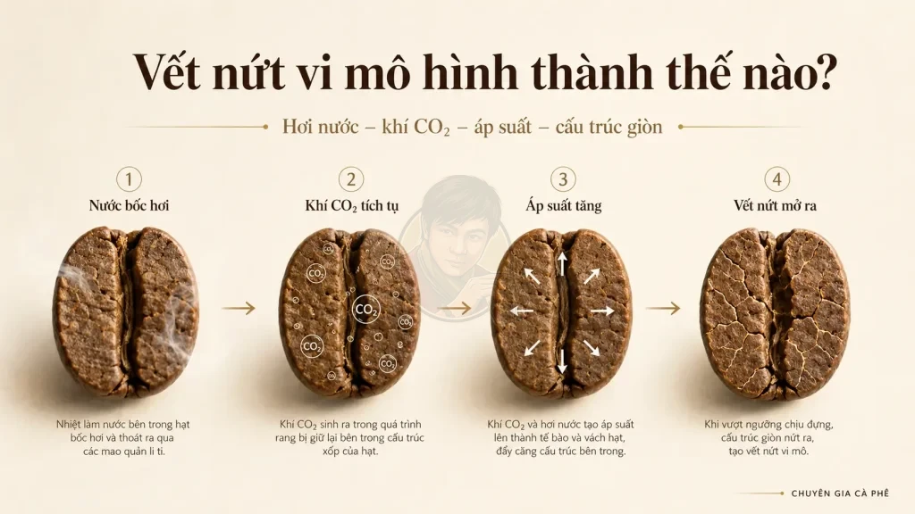 Quá trình hình thành vết nứt vi mô trong hạt cà phê khi rang do áp suất và chênh lệch nhiệt.