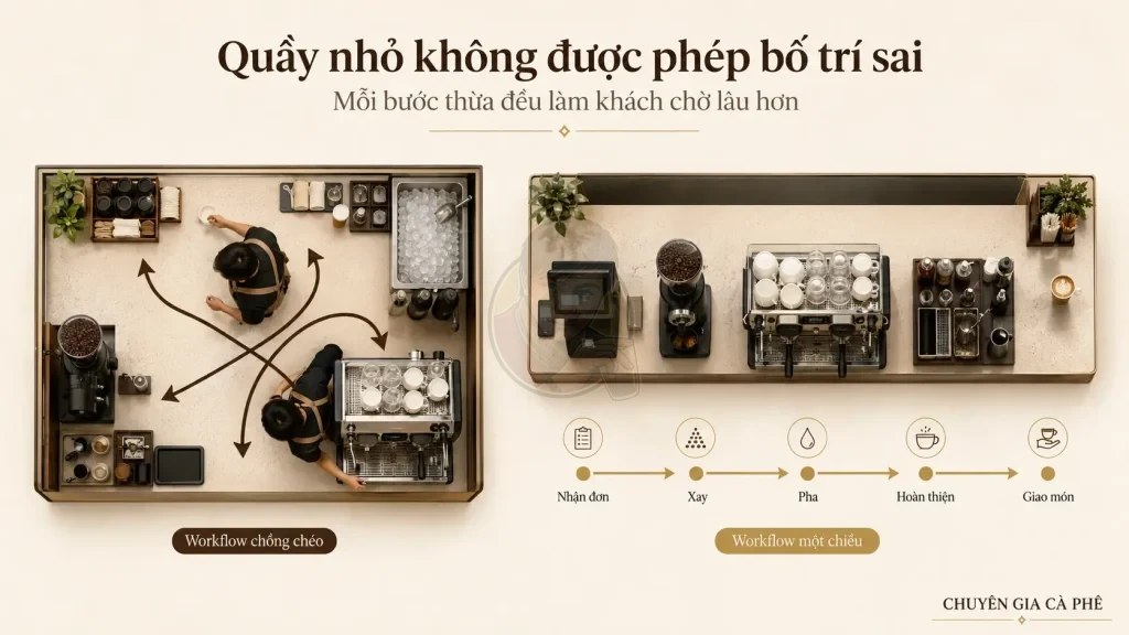 So sánh workflow sai và workflow tối ưu trong quầy cà phê Take Away.