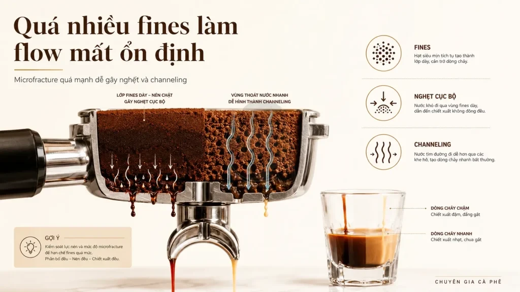 Bột mịn do microfracture trong hạt cà phê có thể làm espresso nghẹt flow và channeling.