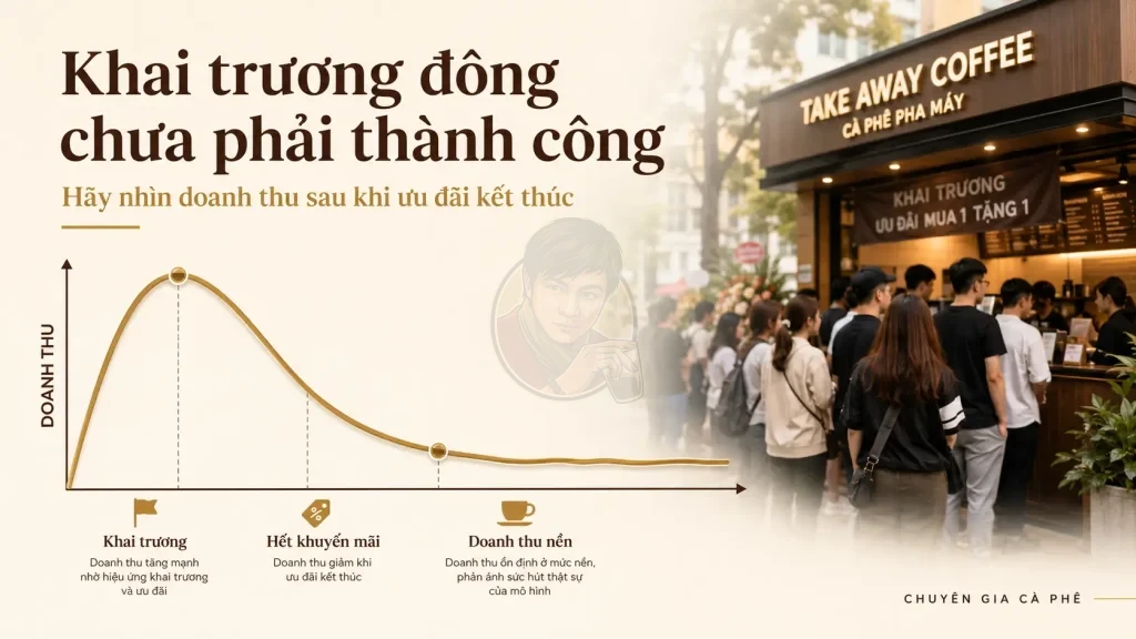 Doanh thu quán Take Away giảm sau khai trương và khuyến mãi.