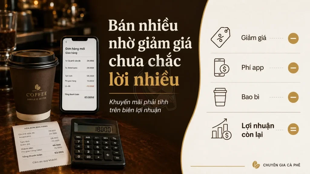 Khuyến mãi quán cà phê cần kiểm soát cost, phí app, bao bì và lợi nhuận còn lại.