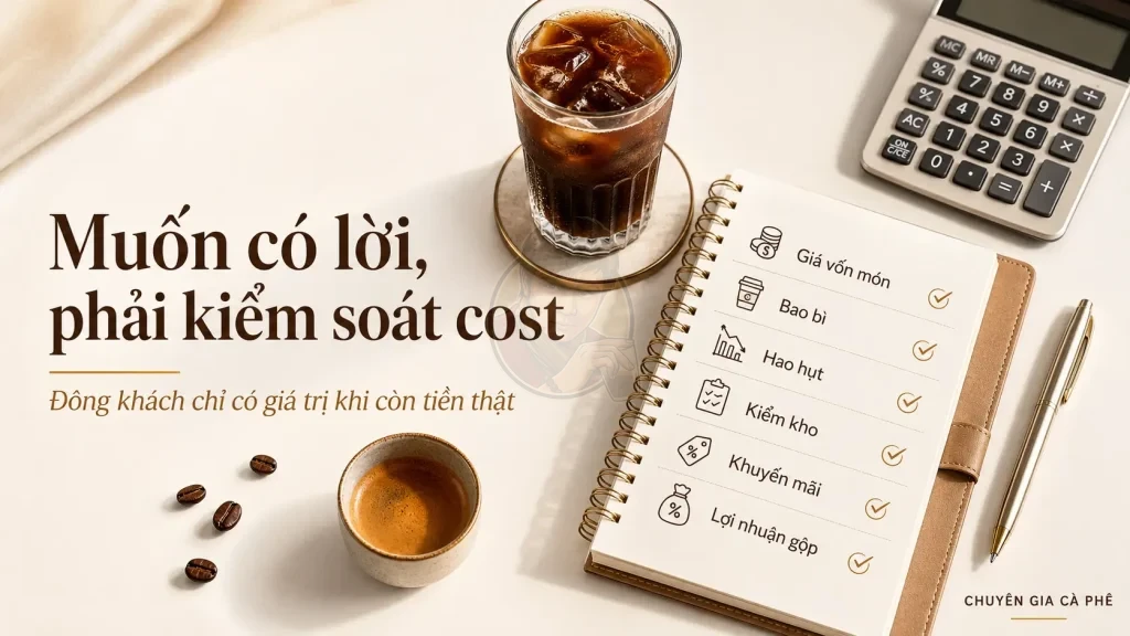 Checklist kiểm soát cost quán cà phê giúp chủ quán theo dõi giá vốn, hao hụt và lợi nhuận gộp.