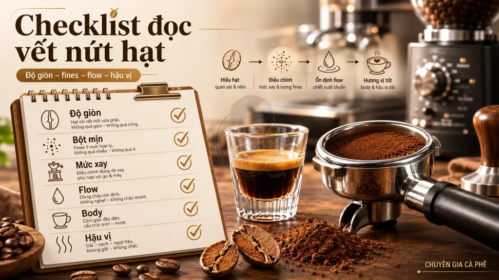 Checklist kiểm tra microfracture trong hạt cà phê qua độ giòn, bột mịn, flow espresso và hậu vị.