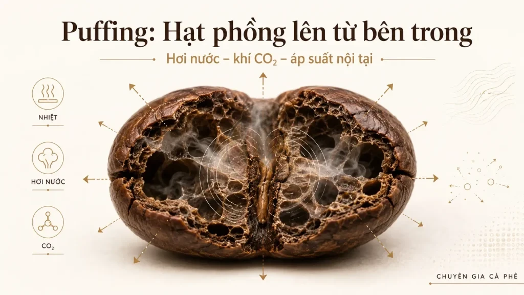 Cơ chế puffing trong hạt cà phê khi rang do áp suất nội tại làm hạt phồng lên.