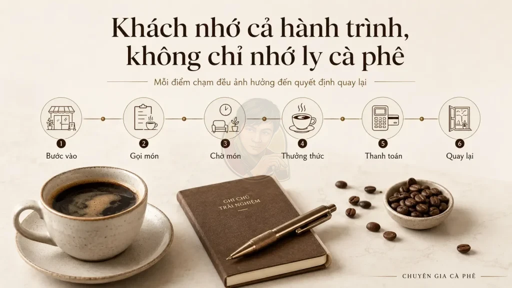 Hành trình trải nghiệm khách hàng quán cà phê từ gọi món đến quyết định quay lại.