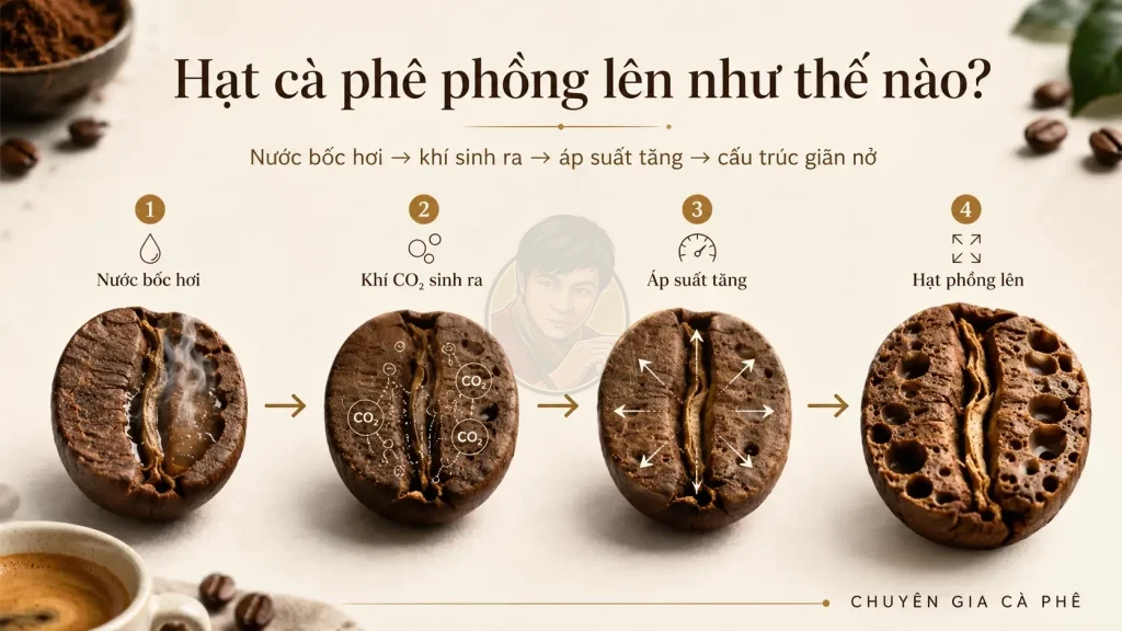 Infographic cơ chế hạt cà phê phồng lên khi rang do hơi nước, CO₂ và áp suất nội tại.