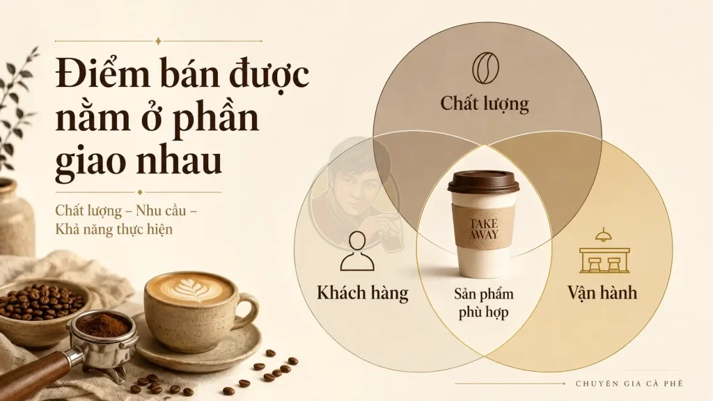 Mô hình sản phẩm cà phê phù hợp giữa chất lượng, khách hàng và vận hành quán.