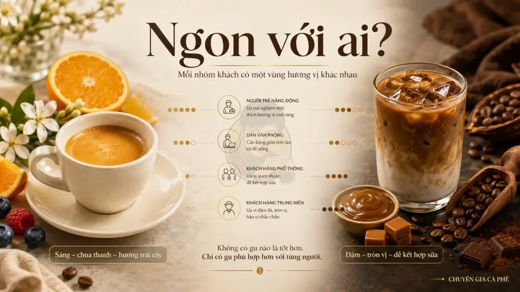 So sánh gu cà phê rang sáng và cà phê sữa đậm của các nhóm khách hàng khác nhau.
