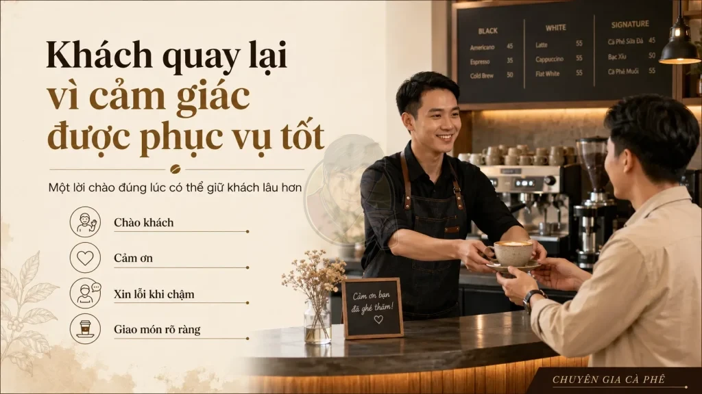 Thái độ phục vụ trong quán cà phê ảnh hưởng đến trải nghiệm khách hàng và khả năng quay lại.
