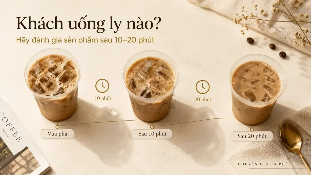 Kiểm tra chất lượng cà phê Take Away sau 10 và 20 phút vận chuyển.