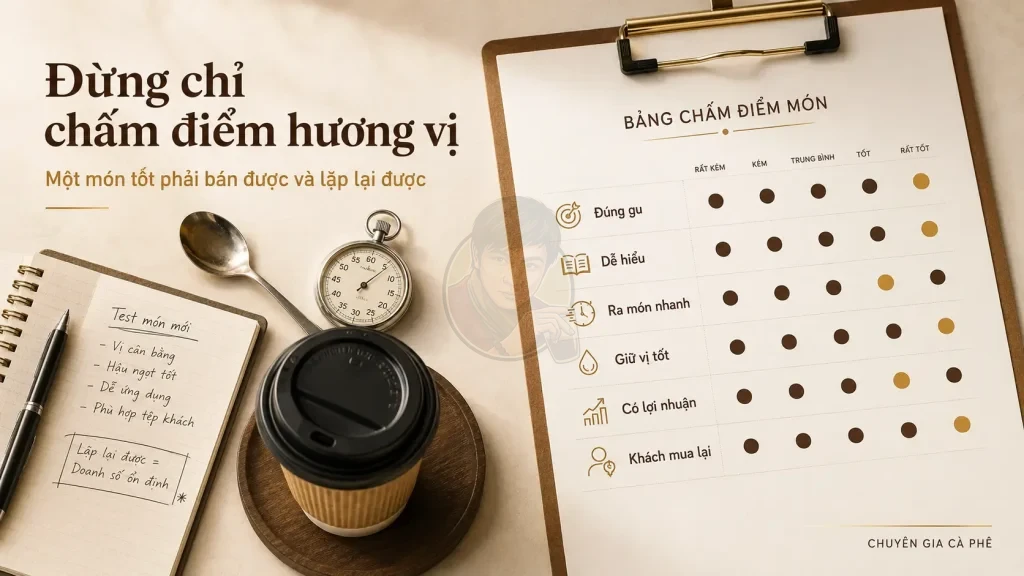 Bảng đánh giá mức độ phù hợp của sản phẩm cà phê Take Away trước khi đưa vào menu.