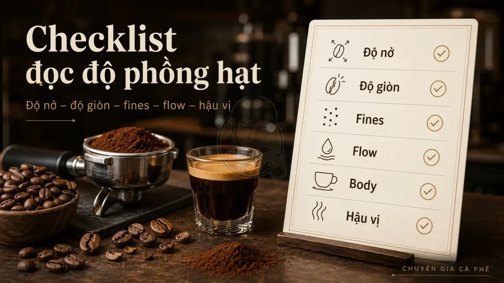Checklist kiểm tra puffing trong hạt cà phê qua độ nở, độ giòn, bột mịn và flow espresso.
