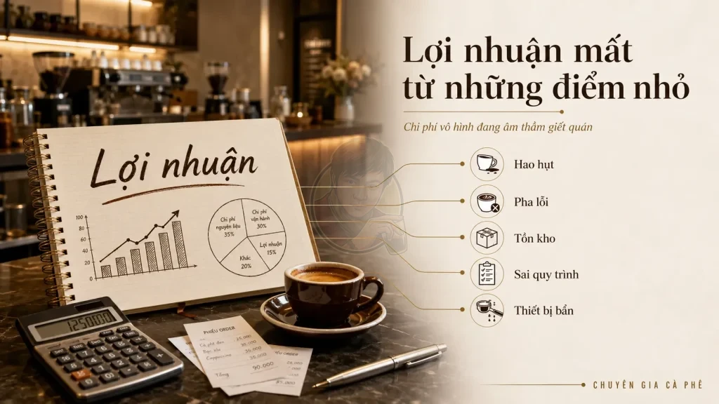 Chi phí vô hình quán cà phê làm lợi nhuận rò rỉ qua hao hụt, pha lỗi, tồn kho và sai quy trình.