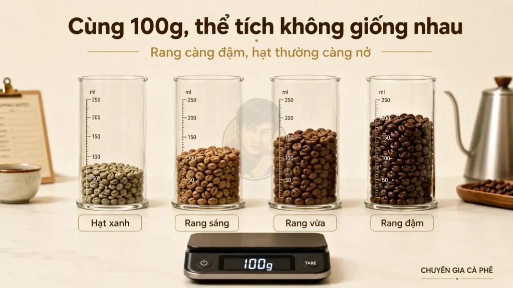 So sánh tỷ lệ giãn nở thể tích của hạt cà phê theo mức rang với cùng khối lượng 100g.