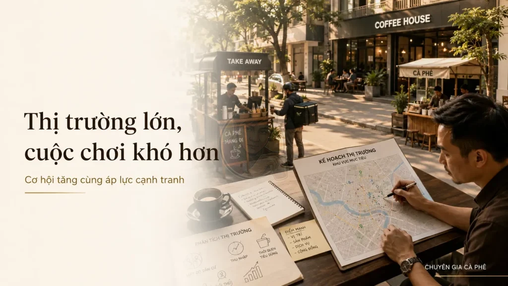 Thị trường cà phê Take Away Việt Nam với sự cạnh tranh giữa chuỗi, kiosk và quán nhỏ.