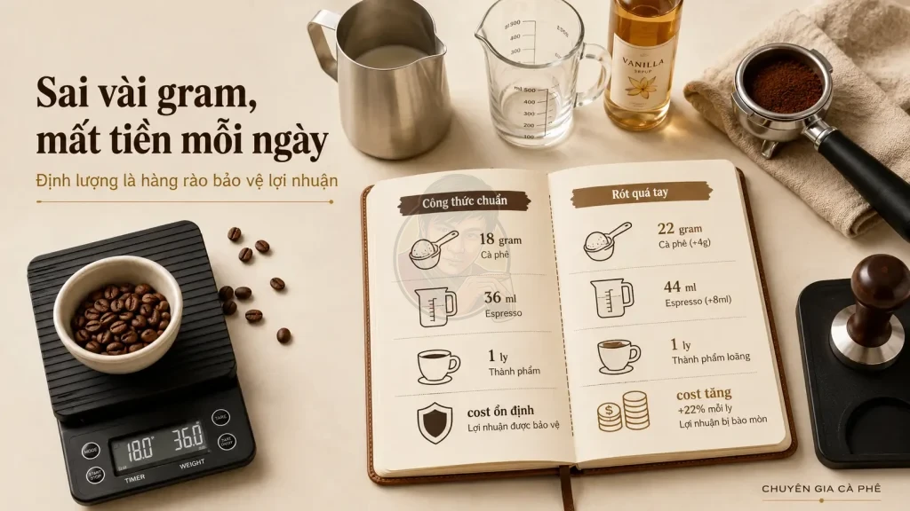 Hao hụt nguyên liệu quán cà phê do định lượng sai làm tăng chi phí và giảm lợi nhuận.