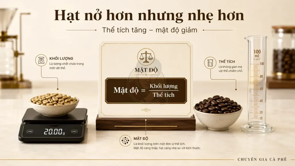 Minh họa mật độ hạt cà phê giảm khi thể tích tăng theo mức rang.