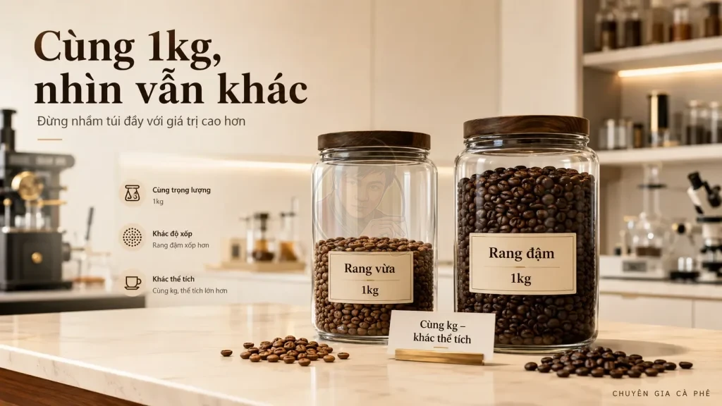 Cùng 1kg cà phê nhưng mức rang khác nhau cho thể tích và cảm giác đầy túi khác nhau.