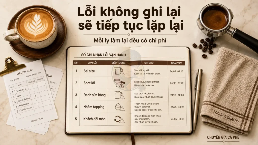 Sổ ghi lỗi vận hành quán cà phê giúp kiểm soát pha sai, món hủy và chi phí thất thoát.