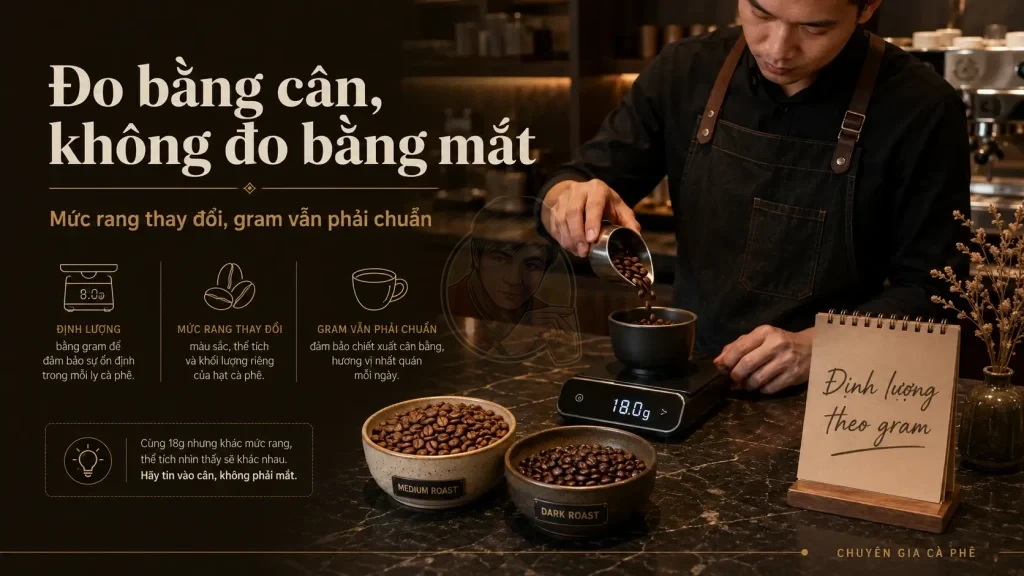 Barista cân cà phê theo gram để kiểm soát định lượng khi mức rang thay đổi.