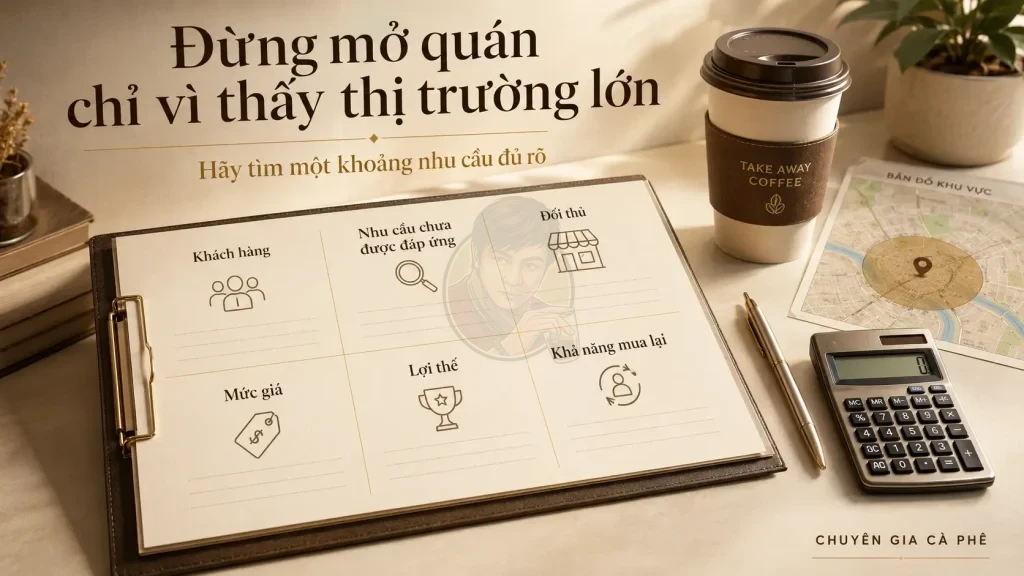 Bảng đánh giá cơ hội thị trường trước khi mở quán cà phê Take Away.