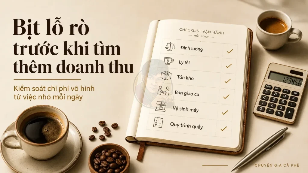 Checklist kiểm soát chi phí vô hình quán cà phê gồm định lượng, ly lỗi, tồn kho, bàn giao ca và vệ sinh máy.