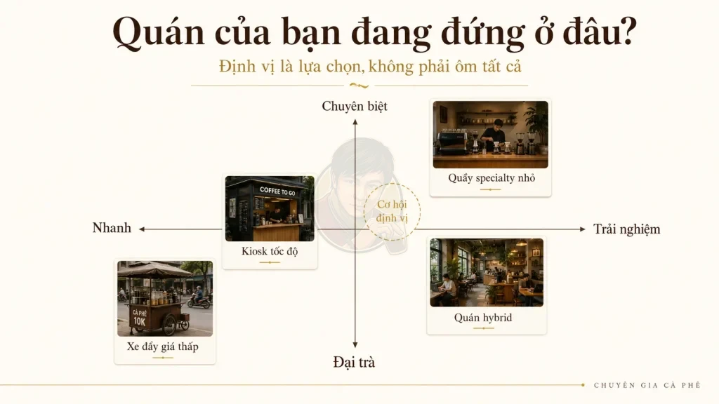 Bản đồ định vị quán cà phê Take Away theo tốc độ, trải nghiệm và phân khúc khách hàng.