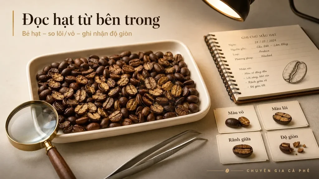 Kiểm tra cấu trúc lõi và vỏ hạt cà phê bằng cách bẻ hạt sau rang.
