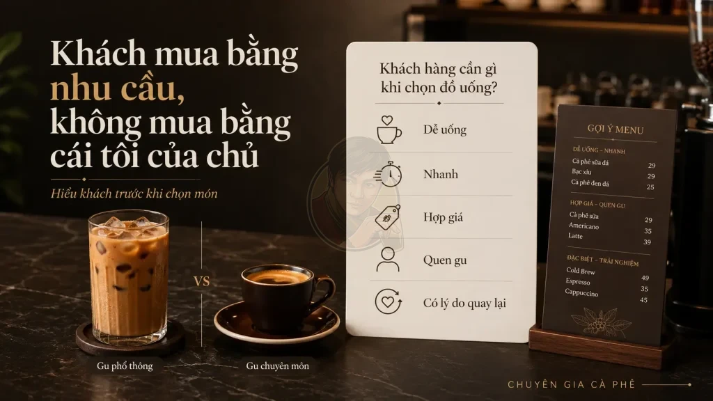 Thiết kế menu quán cà phê theo insight khách hàng giúp tăng khả năng bán lặp lại.