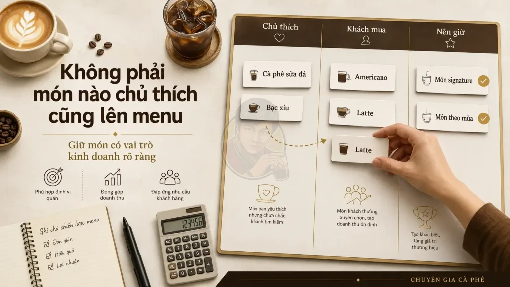 Tối ưu menu quán cà phê bằng cách phân loại món chủ thích, khách mua và món nên giữ.