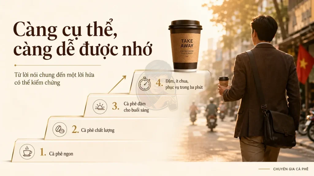 Các cấp độ xây dựng thông điệp định vị cho quán cà phê Take Away.