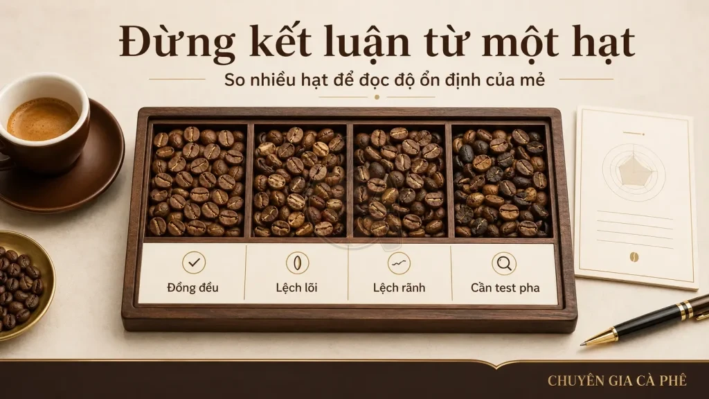 So sánh nhiều hạt cà phê bẻ đôi trong cùng một mẻ để đánh giá độ đồng đều cấu trúc lõi và vỏ.