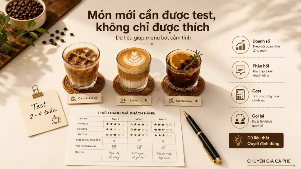 Test món mới trong menu quán cà phê bằng doanh số, phản hồi khách hàng, cost và tỷ lệ gọi lại.