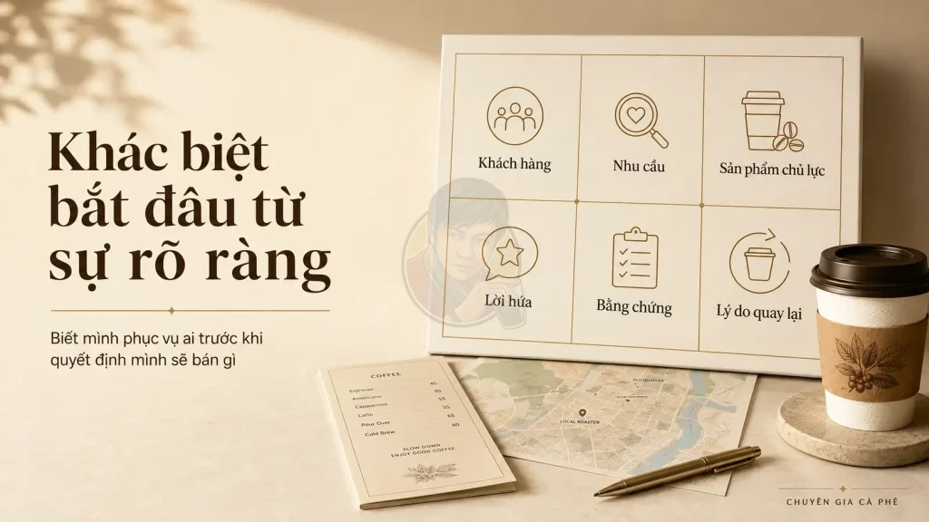 Bảng xây dựng định vị khác biệt cho quán cà phê Take Away.
