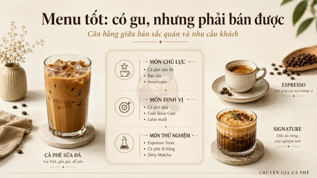 Menu quán cà phê cân bằng giữa món chủ lực, món định vị và món thử nghiệm theo khách hàng mục tiêu.