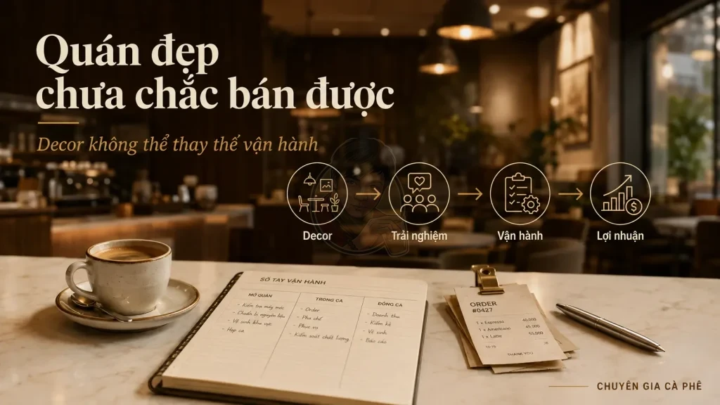 Quán cà phê đẹp chưa chắc bán được nếu decor không hỗ trợ vận hành và trải nghiệm khách hàng.