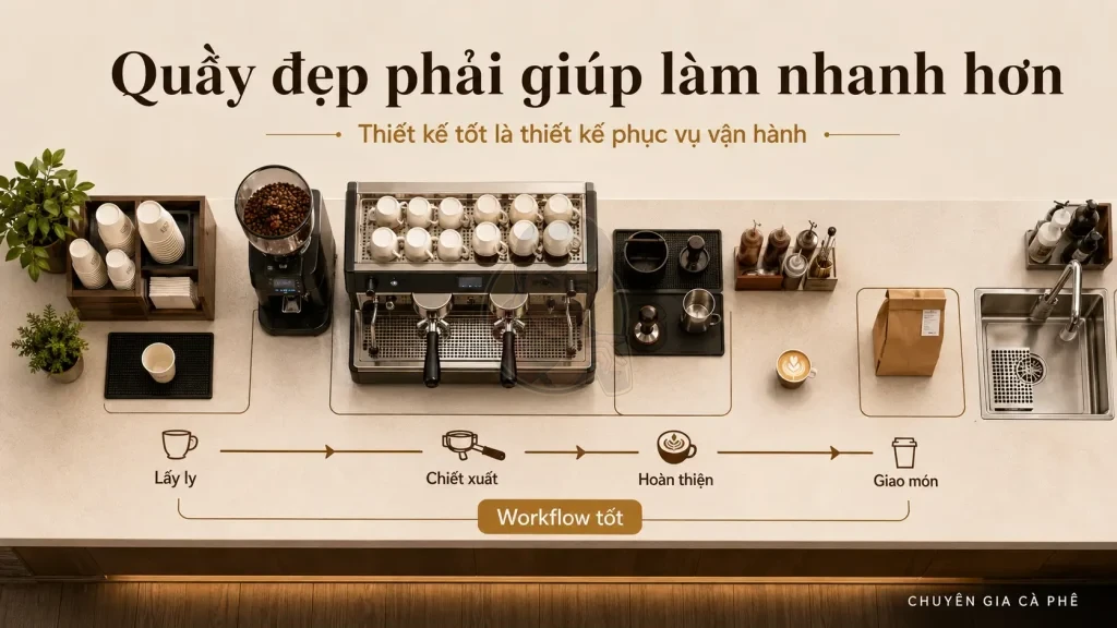 Quầy bar cà phê đẹp cần có workflow tốt để nhân viên thao tác nhanh và phục vụ ổn định.