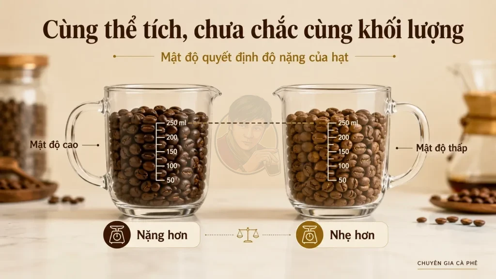 So sánh mật độ hạt cà phê bằng cách đo cùng thể tích nhưng khối lượng khác nhau.