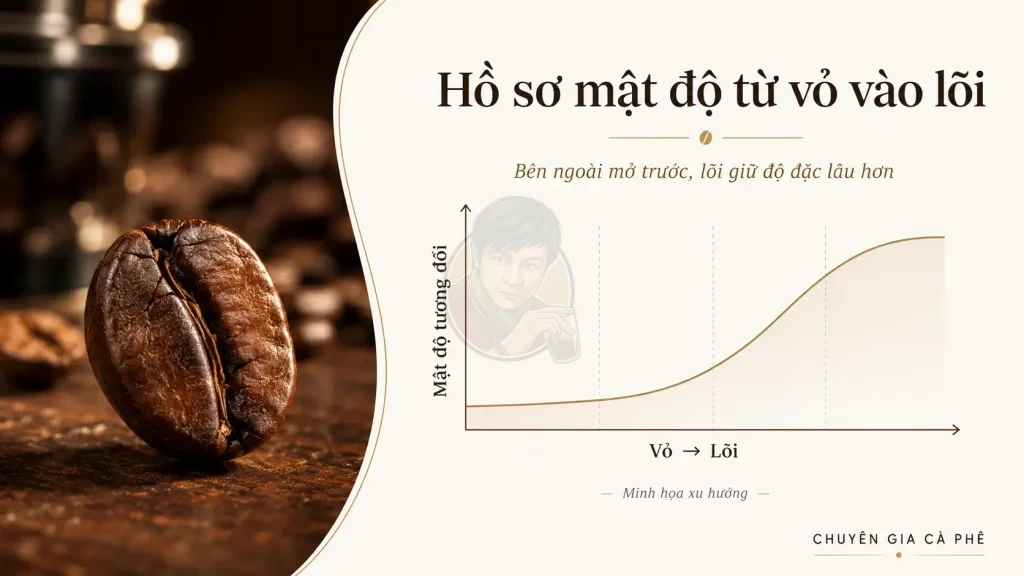 Biểu đồ hồ sơ mật độ trong hạt cà phê từ vỏ vào lõi sau rang.