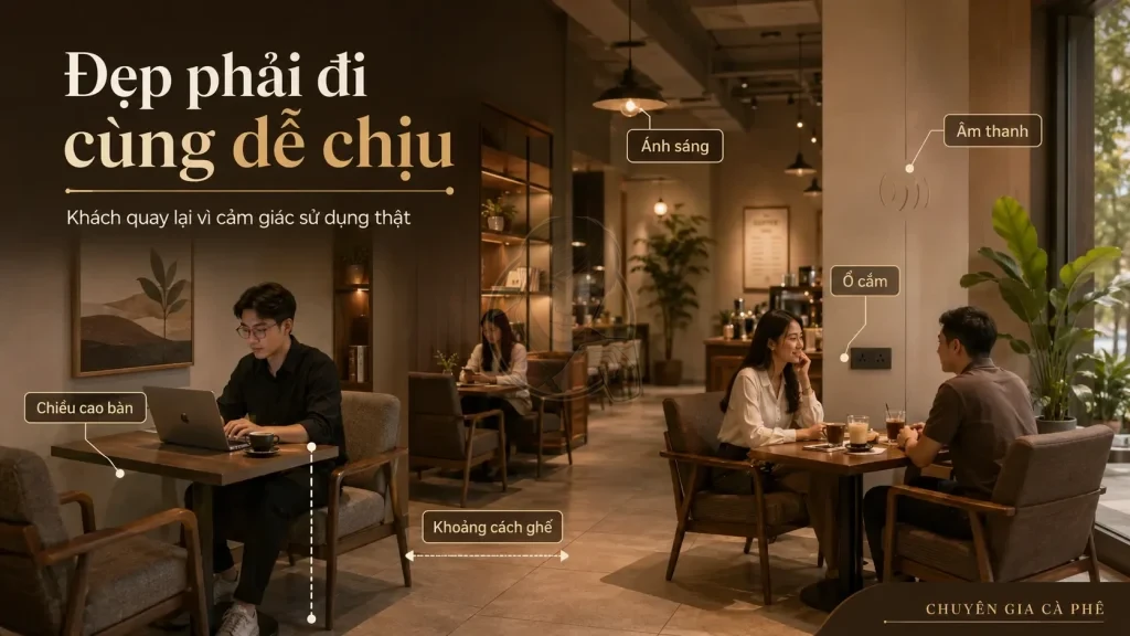 Decor quán cà phê cần tạo trải nghiệm ngồi thoải mái, ánh sáng dễ chịu và không gian phù hợp khách hàng.