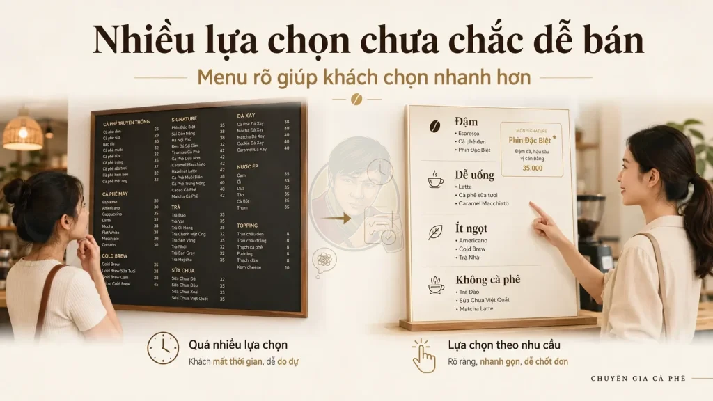 So sánh menu dài và menu tinh gọn trong hành vi mua cà phê Take Away.