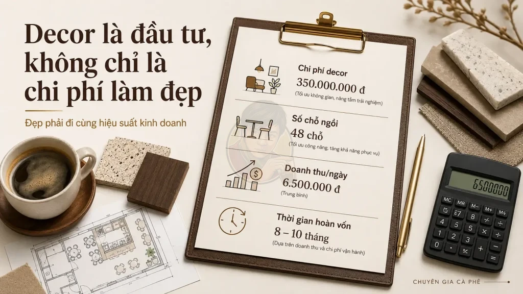 Chi phí decor quán cà phê cần được tính theo doanh thu, số chỗ ngồi và thời gian hoàn vốn.