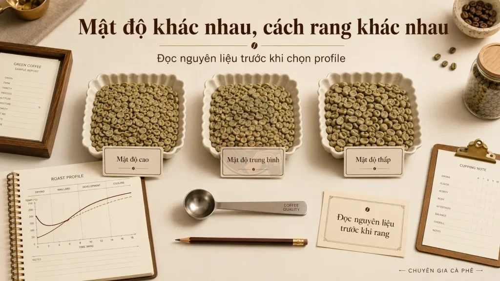 Phân loại mật độ hạt cà phê để chọn profile rang phù hợp cho từng loại nguyên liệu.