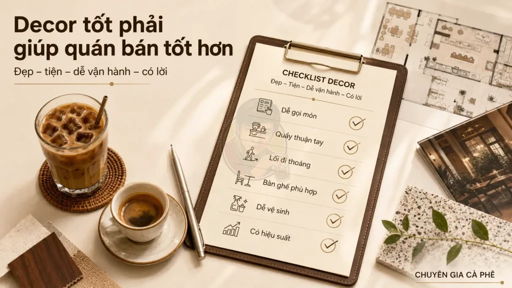 Checklist decor quán cà phê giúp kiểm tra quầy bar, lối đi, bàn ghế, vệ sinh và hiệu suất vận hành.
