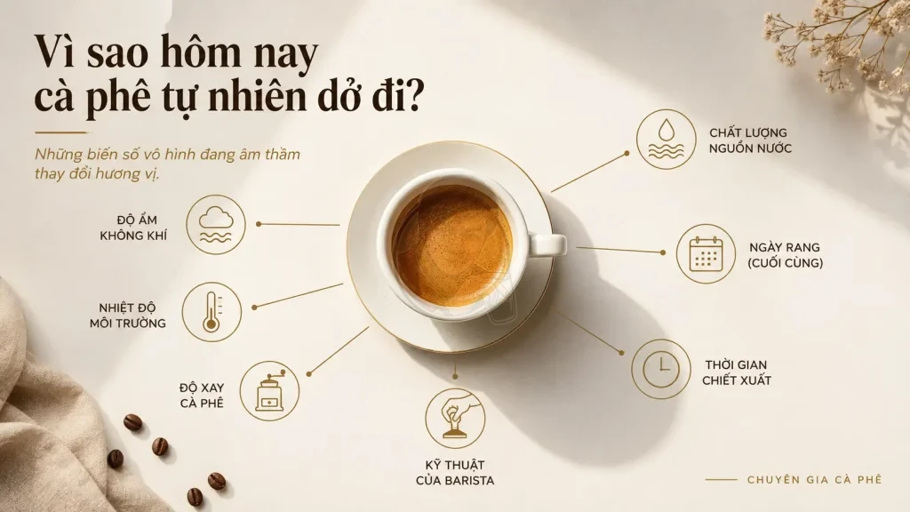 Biến số vô hình khi pha cà phê làm espresso thay đổi hương vị mỗi ngày.