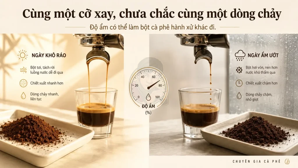 Độ ẩm ảnh hưởng đến bột cà phê và tốc độ chiết xuất espresso.