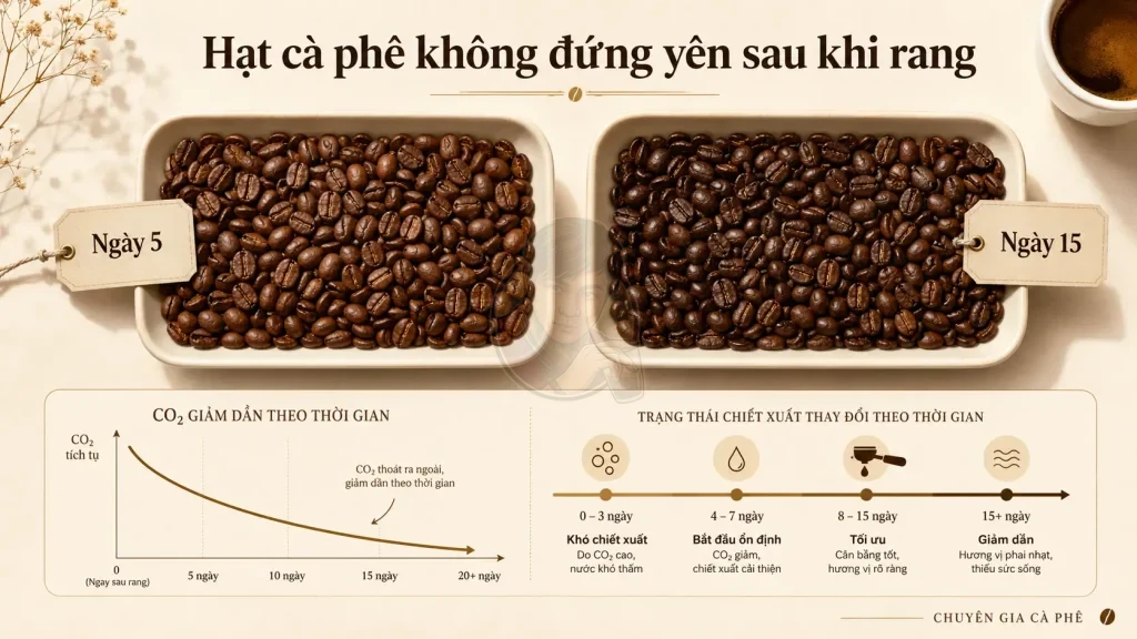 Tuổi hạt cà phê thay đổi CO₂ và khả năng chiết xuất espresso.