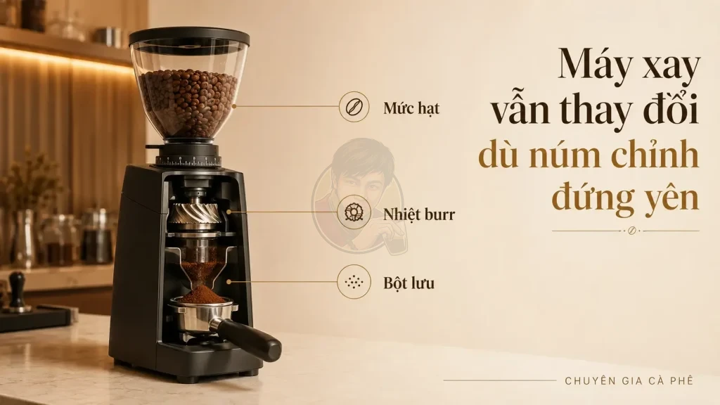Nhiệt burr, retention và mức hạt ảnh hưởng độ ổn định của máy xay cà phê.